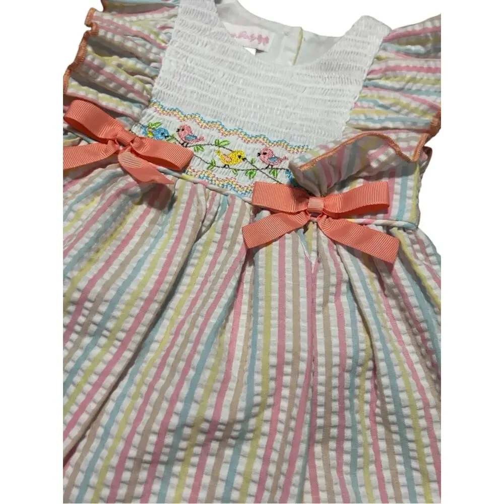Bonnie Baby NWT Spring Birds Smocked Pastel Striped Dress 12 Months